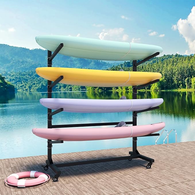 Kayak Storage Rack, Heavy Duty Kayak Stand Canoe Rack with Wheels, Freestanding Kayak Holder Stand for Kayaks, Canoes, Surfboard, Paddleboard Storage