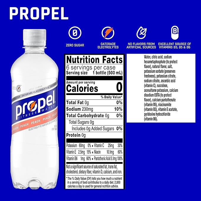 Propel, Peach, Zero Calorie Sports Drinking Water with Electrolytes and Vitamins C&E, 16.9 Fl Oz (Pack of 12)