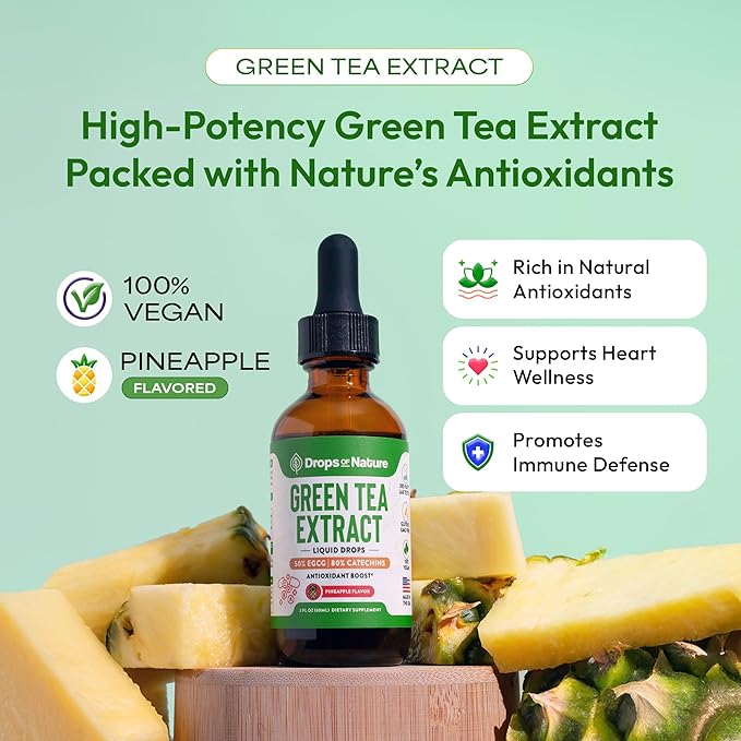 Green Tea 10:1 Extract 50% EGCG - Green Tea Liquid Drops - Vegan, 4X More Powerful Than Pills & Capsules - 2oz Antioxidant & Immune Supplement - Skin, Heart Support, Brain Health & Memory Boost
