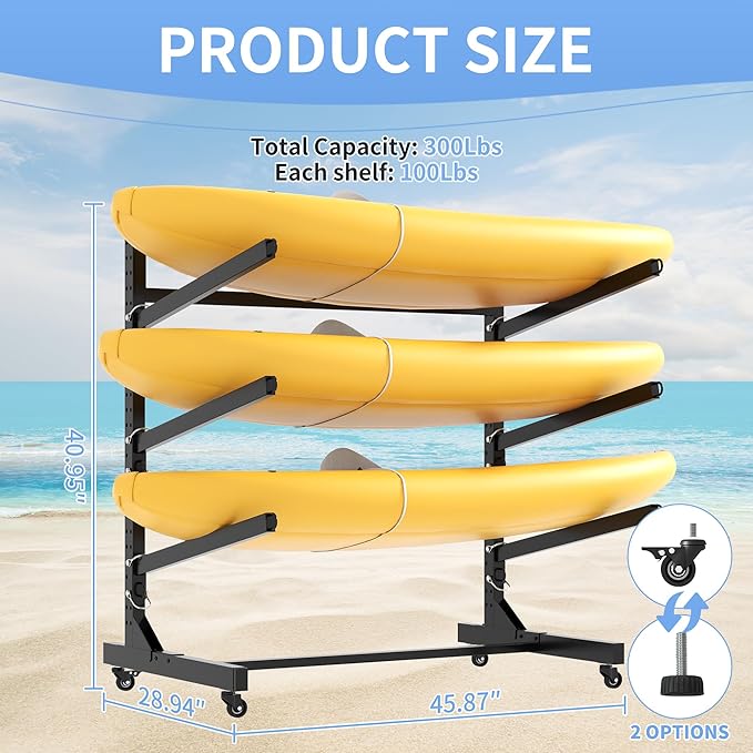 Kayak Storage Rack, Heavy Duty Kayak Stand Canoe Rack with Wheels, Freestanding Kayak Holder Stand for Kayaks, Canoes, Surfboard, Paddleboard Storage