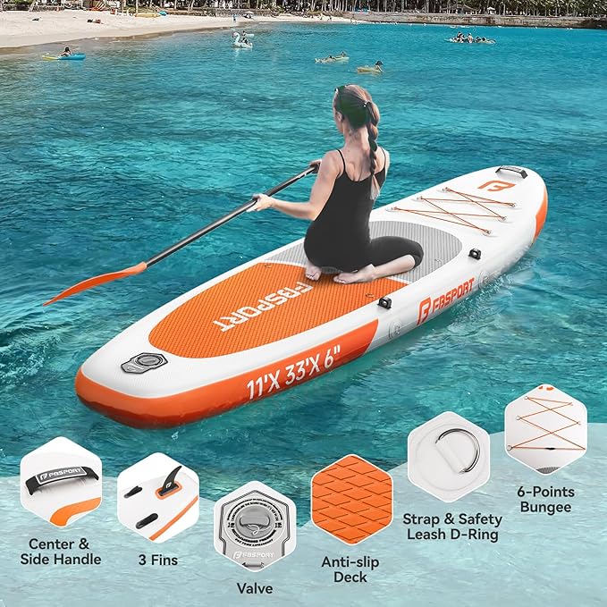 FBSPORT 11FT Premium Inflatable Stand Up Paddle Board with Electric Pump, Yoga Board with SUP Accessories & Carry Bag | Wide Stance, Surf Control, Non-Slip Deck, Leash and Paddle for Youth & Adult