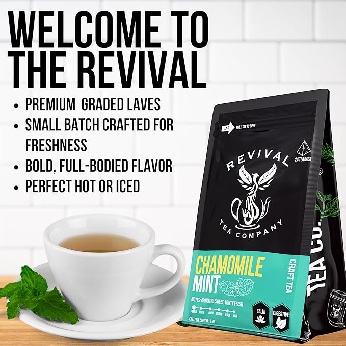 Revival Tea Company Chamomile Mint Tea - Herbal Tea Blend of Chamomile Flowers and Peppermint Leaf - Caffeine Free - 24 Tea Bags