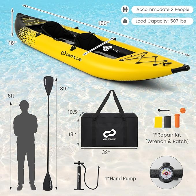 Goplus Inflatable Kayak, 2-Person Kayak Set for Adults with 507 LBS Weight Capacity, 2 Aluminium Oars, EVA Padded Seat, 2 Fins, Hand Pump, Carry Bag, Repair Kit, Portable Touring Kayaks