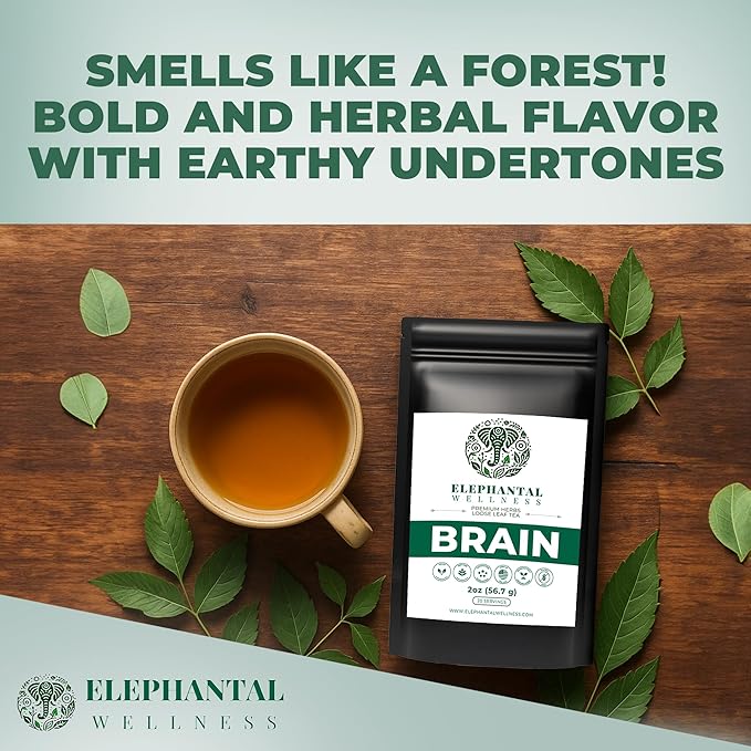 Elephantal Wellness Premium Brain Herbal Tea | Nootropic Focus & Mental Clarity with Ginkgo, Bacopa, Gotu Kola & Rosemary | Non-GMO, Caffeine-Free Coffee Alternative, Handmade Loose Leaf Blend, 2oz Loose Leaf, 20 Servings