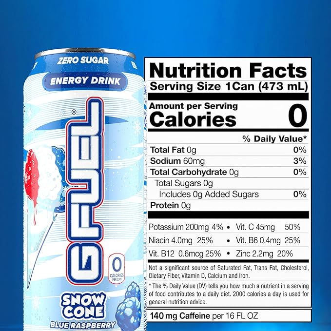 G Fuel Energy Drink, Snow Cone, Sugar Free Beverage with 300mg Caffeine, Daily Energy Boost with Focus Amino, Vitamin + Antioxidants, 16 oz Cans (Snow Cone, 12-Pack)