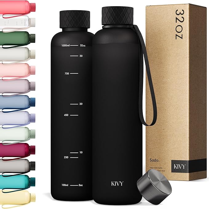 KIVY Slim Water Bottle 32oz [Lightweight & Shatterproof] Fits Backpack & Cupholder for Travel, Sports, School, Gym - Black water bottle no straw - Mens water bottle screw top - Dishwasher Safe