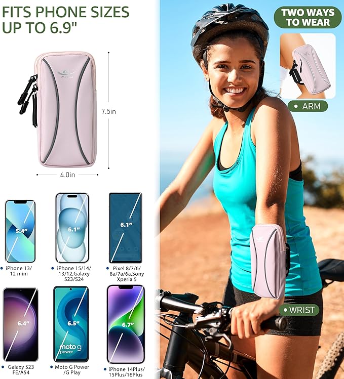 HiRui Arm Bag & Wrist Bag Phone Holder, Sports Running Armband for Gym, Cycling & Workout, Compatible with iPhone 16/15/14 Series, Samsung Galaxy & More, Reflective, Adjustable, Secure Fit (Pink)