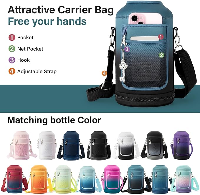 Insulated Water Bottle | Thickened Stainless Steel Vacuum Metal | Portable Sports Half Gallon Large Water Jug for Gym and Hiking with Straw, Carrier Bag, Handle Strap | BPA-Free 64 oz