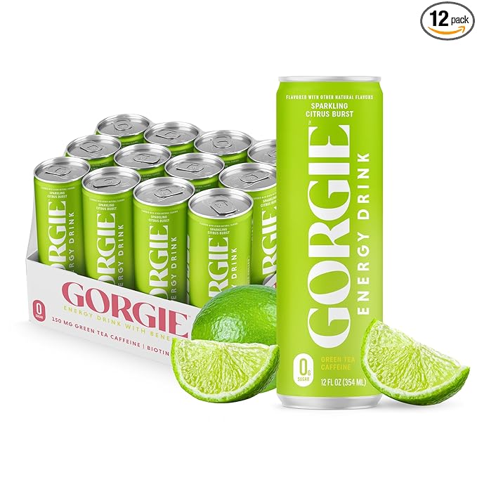 GORGIE Sugar Free Natural Energy Drinks, Sparkling Citrus Burst (12 Pack) - Healthy Energy Drinks - Natural Coffee Replacement with Green Tea Caffeine and Biotin - 150mg Caffeine, Vegan, & Low Calorie