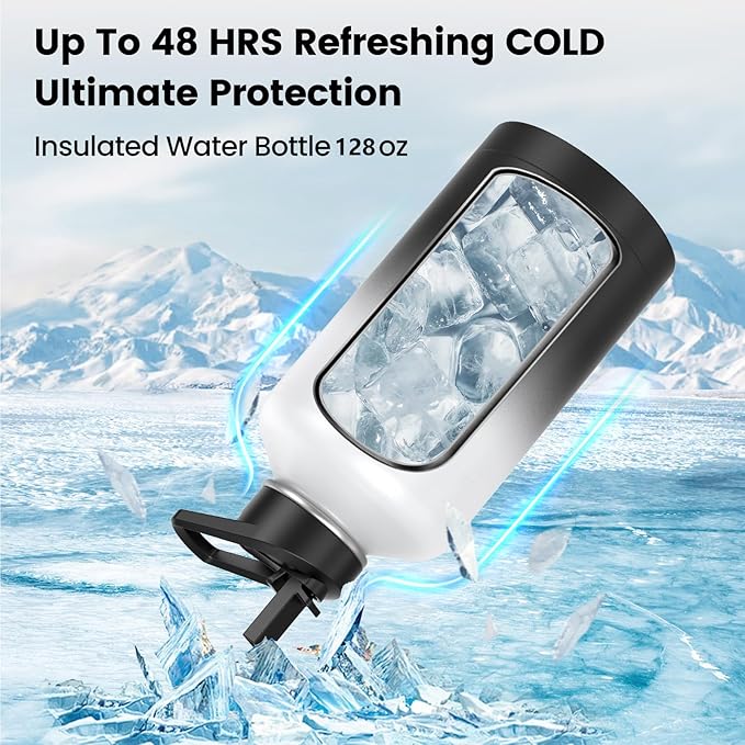 Insulated Water Bottle 128 oz, Triple Wall Vacuum Stainless Steel(Cold for 48 Hrs),Leak Proof & BPA-Free,One Gallon Water Bottle with Reflective Paracord & Flip Straw for Sports & Travel, DarkGray