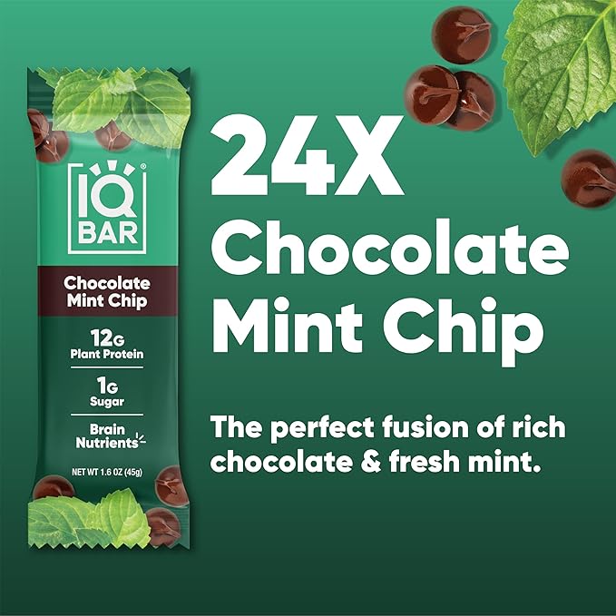 IQBAR Brain and Body Plant Protein Bars - Chocolate Mint Chip - 24-Count Low Carb - Gluten Free, High Fiber, Vegan Snacks - Low Sugar Meal Replacement