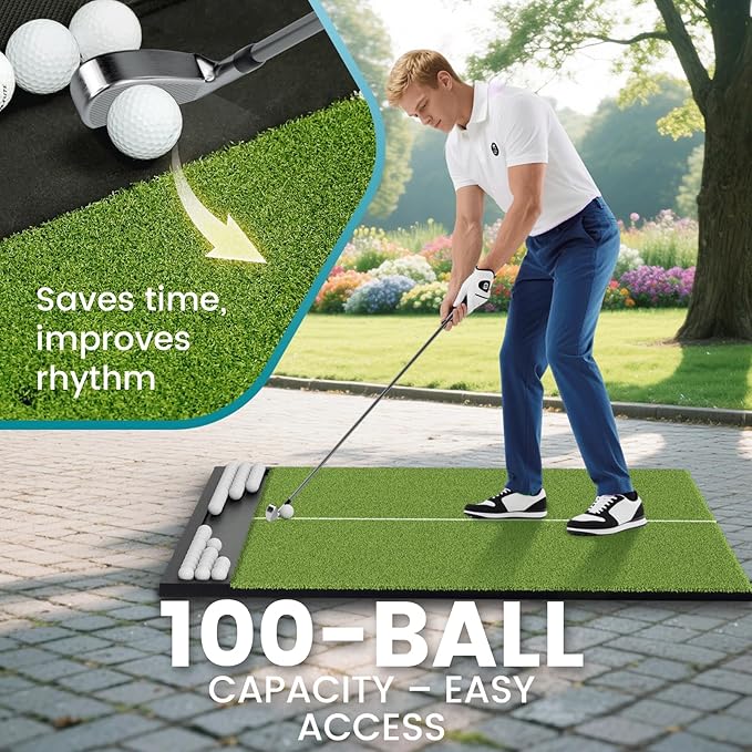 Golf Hitting Mat with Ball Tray, 5x4 & 6x4 ft, 26mm/31mm Thick, Standard & Alignment Line Options, Premium Golf Practice Mat for Indoor Outdoor Swing & Chipping
