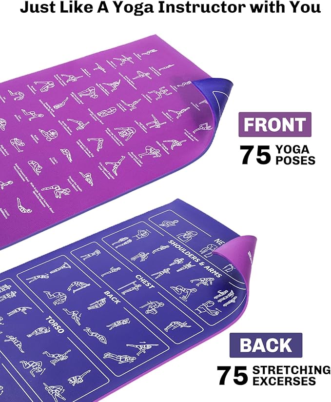 Instructional Travel Yoga Mat with 75 Poses & Exercises - Non-slip Exercise Mat for Home Workout, Includes Carrying Bag - Perfect for Beginners, 68"x24"x0.25"