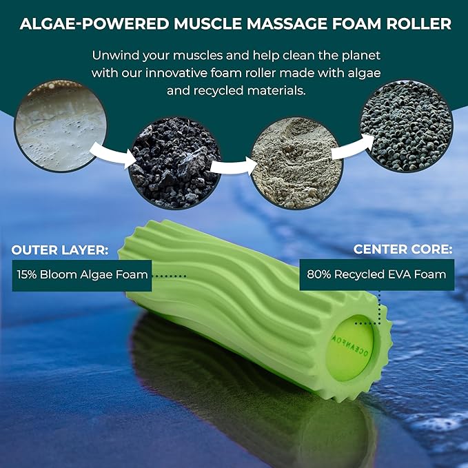 Oceanfoam Ripple Travel Foam Roller (11" x 3.35") Firm Mini Foam Roller for Physical Therapy, Deep Tissue Massage, Back Pain - High Density, Ergonomic Wave Textured - Yoga, Exercise (Algae Green)