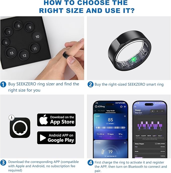 Smart Ring for Women Men - Titanium Health Fitness Tracker Ring with Heart Rate, Step Counting, Calories, Sleep & Stress Monitor for iPhone and Android, No Subscription Fee (Black, 7)
