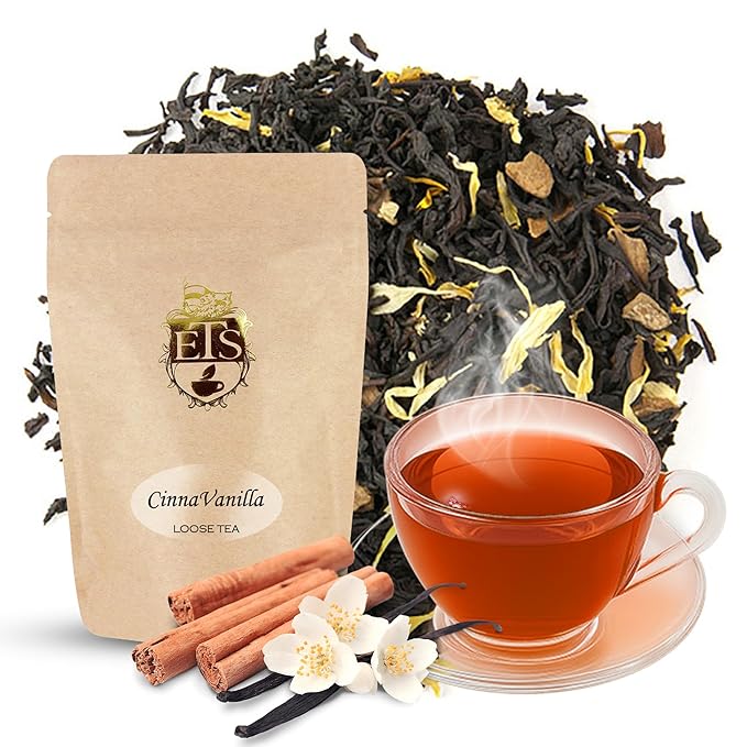 English Tea Store Cinna-Vanilla Flavored Black Tea | Loose Leaf Tea Pouches - 4oz Pouch | Warm Cinnamon and Creamy Vanilla Blend | Ceylon Tea Base | Cozy and Aromatic Cup | Serve Hot or Iced