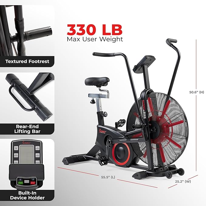 Sunny Health & Fitness Premium Smart Cross-Training Fan Bike, Air Resistance Cardio Machine w/330lb Capacity for Intensive Home Workout, Customizable Monitor w/Free SunnyFit App Connection-SF-B223018