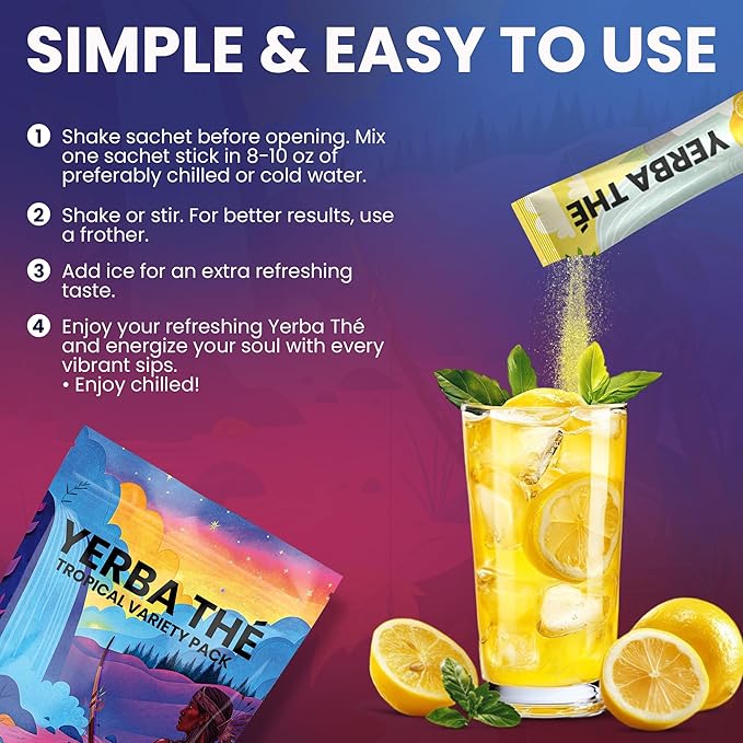 Yerba Mate Tea Powder 5 Mixed Tropical Fruit Flavors Clean Energy Drink Superfood - Support Gut Health, Probiotics and Prebiotics, Reduce Brain Fog, Relaxation & Focus Blend 30 sachets