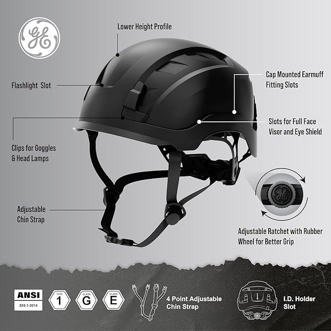 GE Safety Helmet, Impact Absorbing Tech, Adjustable Ratchet, ANSI Type 1, Memory Foam Padding, Hard Hats Protection, Lightweight, Durable, Chin Strap, Comfortable Fit OSHA Approved