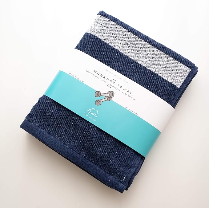Luzia Striped Workout Towel for Sweat (Pack of 4) - Premium Quality 100% Turkish Cotton - Lightweight and Super Absorbent for Exercise, Sports, Workout, Fitness, Gym, Yoga, Running (Blue)
