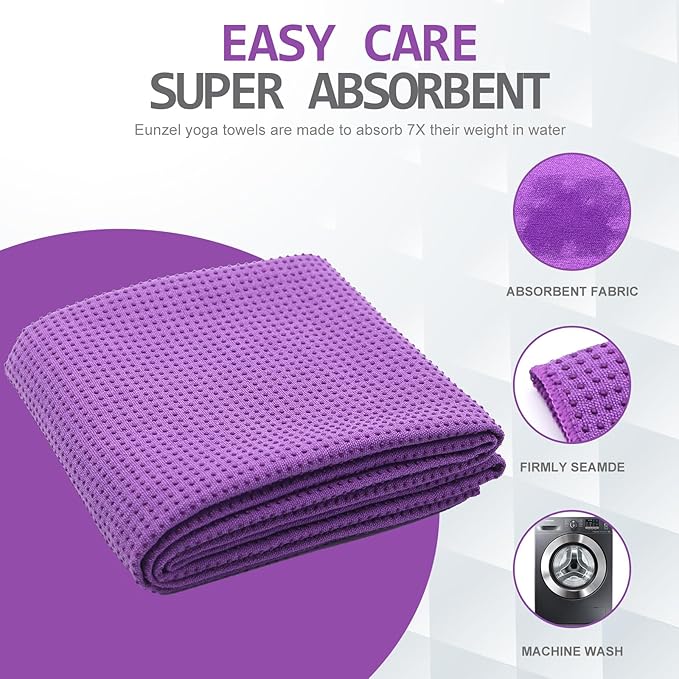 Eunzel Yoga Towel,Hot Yoga Mat Towel with Grip Dots Sweat Absorbent Non-Slip for Hot Yoga, Pilates and Workout 24" x72", Purple