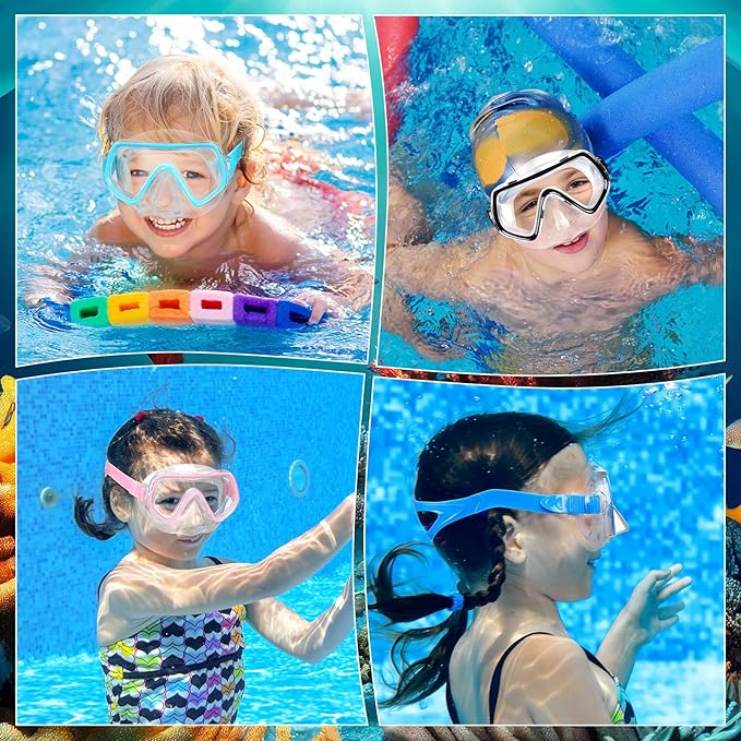 Hoolerry 4 Pcs Kids Nose Goggles Swim Goggles with Nose Cover for 3-8 Tempered Glass Snorkel Dive Mask Anti Fog with Elastic Strap No Leak Swimming Mask for Summer Diving Snorkeling