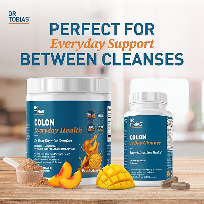 Dr. Tobias Colon Everyday Health - Gut Health for Women & Men - Psyllium Fiber Powder Drink with 4g Psyllium Husk Powder per Serving, Vegan, Gluten Free, Non-GMO, Peach Mango, 60 Servings