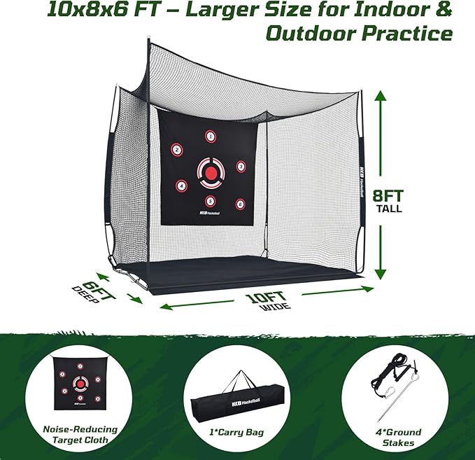 Haokelball Golf Hitting Cage,10x8x6ft Golf Practice Net with Target Cloth & Carry Bag, Heavy-Duty Golf Cage Net for Backyard, Indoor & Outdoor