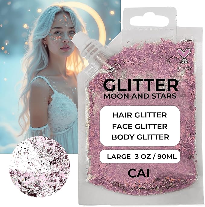 Hair Glitter Gel – Body Glitter for Kids and Women – Iridescent Holograph Cosmetic-Grade Gel w/Moon & Stars for Hair, Body & Face, Applies Smoothly w/o Glue & Washes Off Easily, 3 Oz - Rose 2Pack