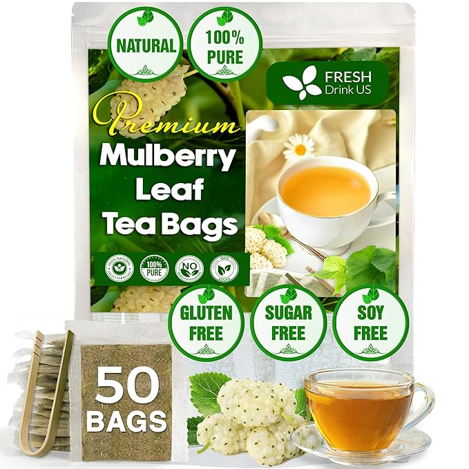 FreshDrinkUS Premium Mulberry Leaf Tea - 50 Bags, 100% Natural & Pure. Loose Leaf Herbal Tea. Natural Material Tea Bags. No Sugar, Caffeine, Gluten. Vegan.