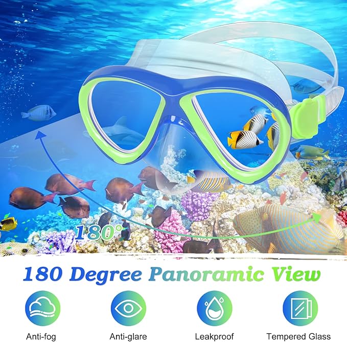 Kids Mask Fins Snorkel Set, Dry Top Snorkeling Gear for Kids Youth Boys Girls Junior Age 5-15 Tempered Glass Snorkel Mask Set Panoramic View Snorkeling Packages