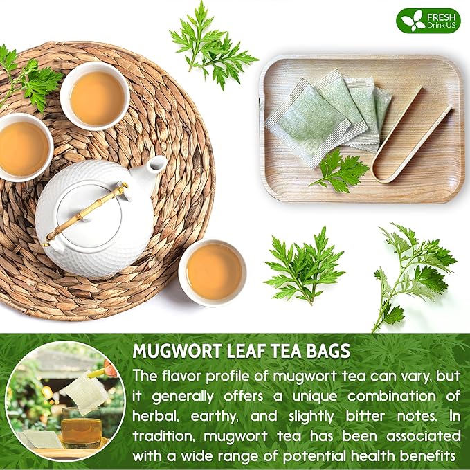 FreshDrinkUS, Premium 45 Mugwort Leaf Tea Bags, 100% Natural and Pure Mugwort Leaves. Loose Leaf Mugwort Herbal Tea. Mugwort Leaf Tea. No Sugar, No Caffeine, No Gluten, Vegan. (45 Tea Bags)