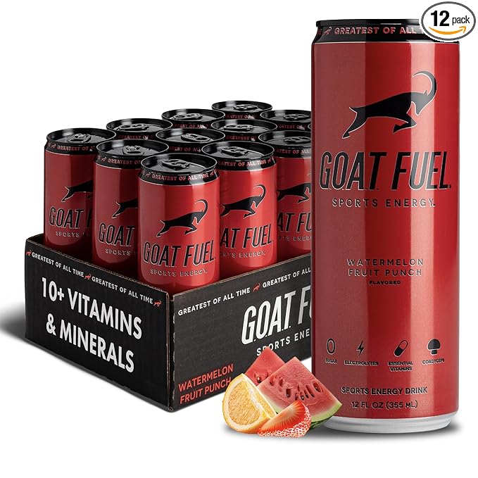 G.O.A.T. Fuel Energy Drink, Co-Founded by Jerry Rice, Natural Caffeine, Electrolytes, BCAAs, Cordyceps & Antioxidants, Light Carbonation Pre Workout, 12 Pack, 12 FL Oz, Watermelon Fruit Punch