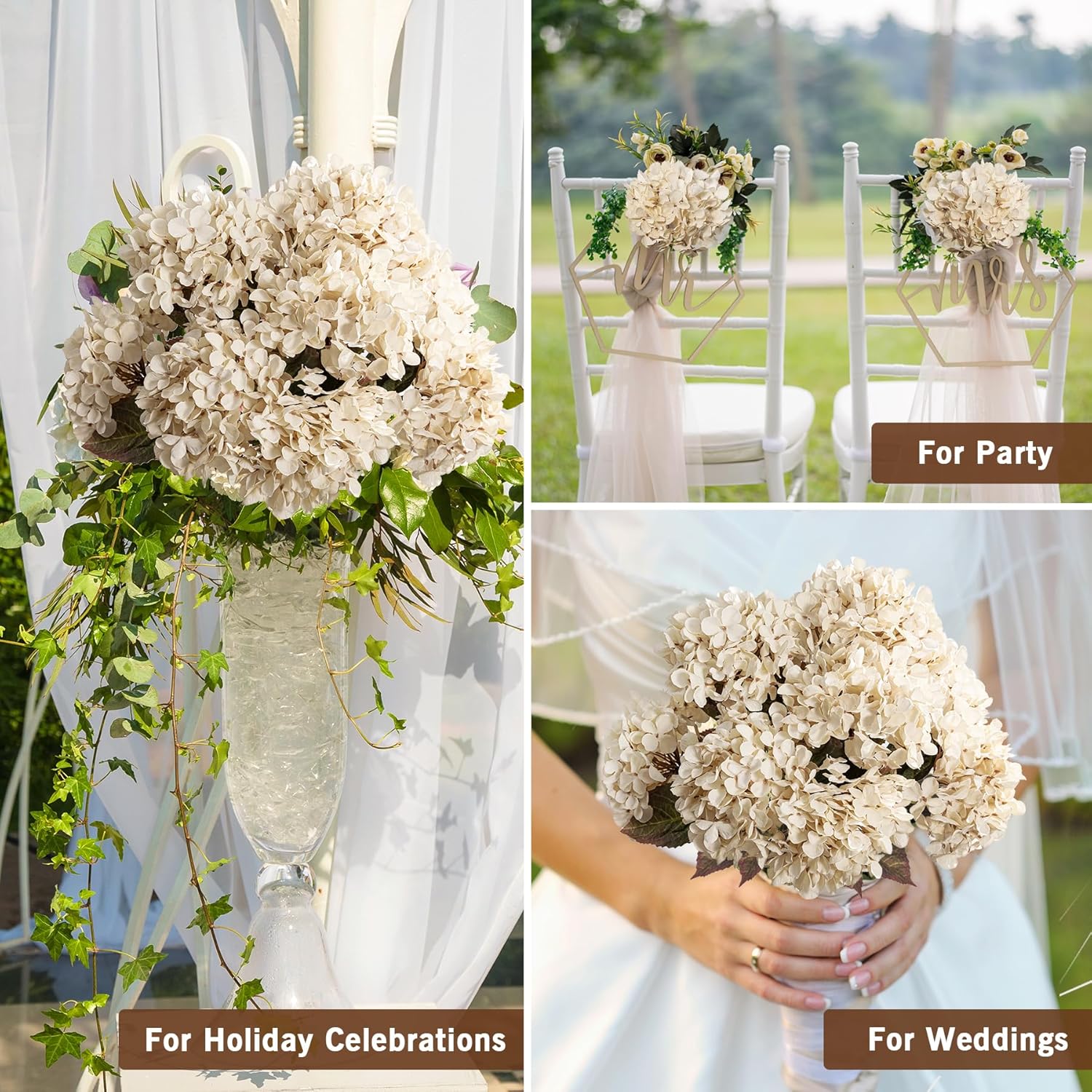 Artificial Flower Fake Silk Hydrangea Heads Bouquet with Stems Bulk for Fall Decoration Table Center Christmas Indoor Outdoor Faux Floral Realistic with Leaves Plants Crafts 8PCS(White)