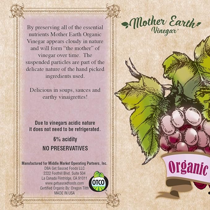 Mother Earth, Organic Red Wine Vinegar with The Mother, Fresh Pressed Organic Cabernet Grapes, ORWV, RWV, Raw, Unpasteurized, Unfiltered (1/64oz)