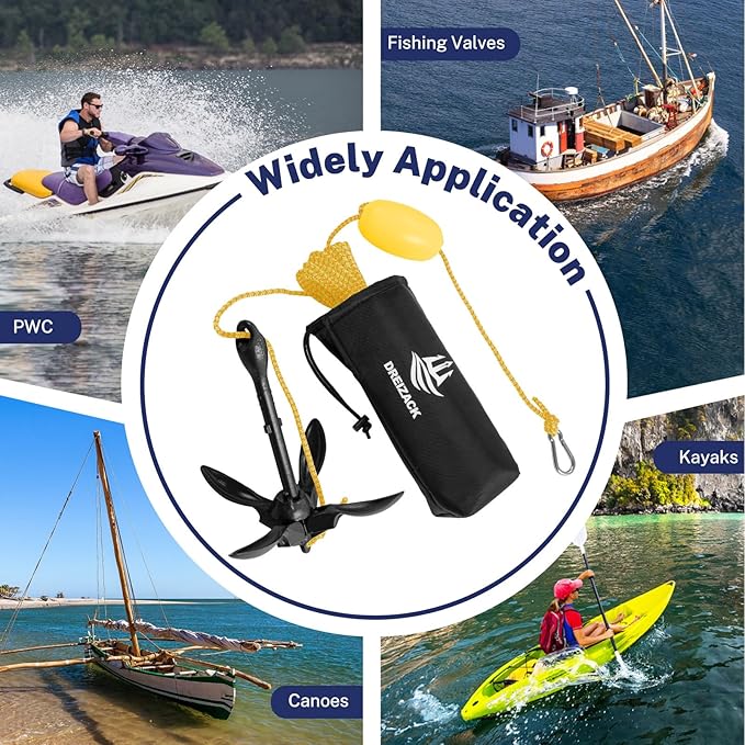 Dreizack Kayak Anchor Kit, 3.5 lb Folding Grapnel Boat Anchor Trolley Accessories with 40ft Rope and PVC Buoy for Fishing Kayaks SUP Paddle Boards Canoes Jet Ski PWC Inflatable Small Boats