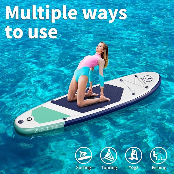 Inflatable Stand Up Paddle Board with SUP Accessories & Backpack. Paddle Boards for Adults. Non-Slip Deck, Wide Stance, Bottom Fin, Double Action Pump.