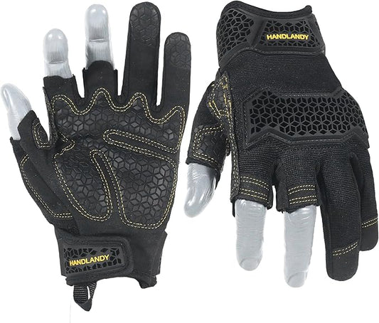HANDLANDY Fingerless Framer Work Gloves for Men, Utility Grip Paded Gloves for Tactical Shooting Airsoft Hunting Driving (Black- 3 Fingerless, X-Large (Pack of 1))