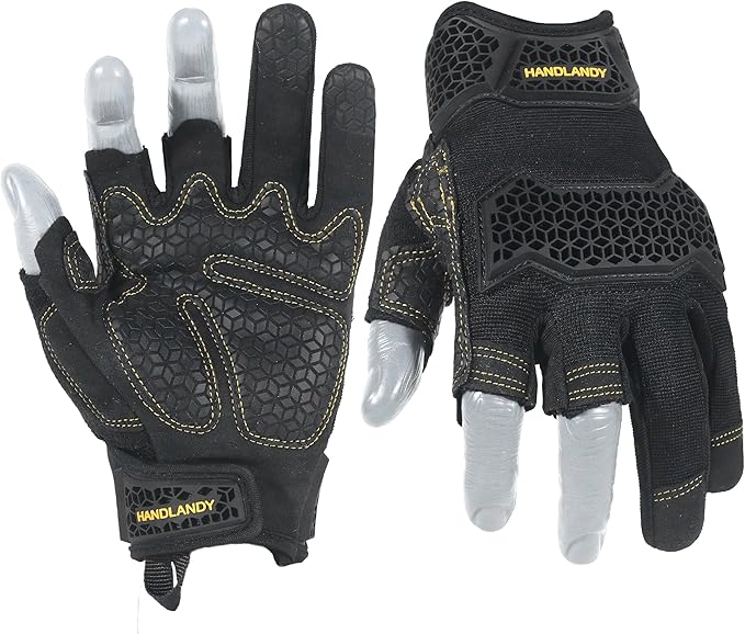 HANDLANDY Fingerless Framer Work Gloves for Men, Utility Grip Paded Gloves for Tactical Shooting Airsoft Hunting Driving (Black- 3 Fingerless, Large (Pack of 1))