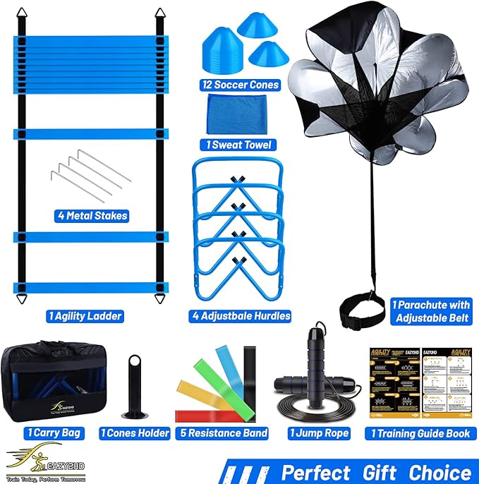 Eazy2hD Speed Agility Training Set- Agility Ladder,12 Cones, 4 Adjustable Hurdles,Parachute, Exercise Workout Equipment Boost Fitness & Increase Quick Footwork