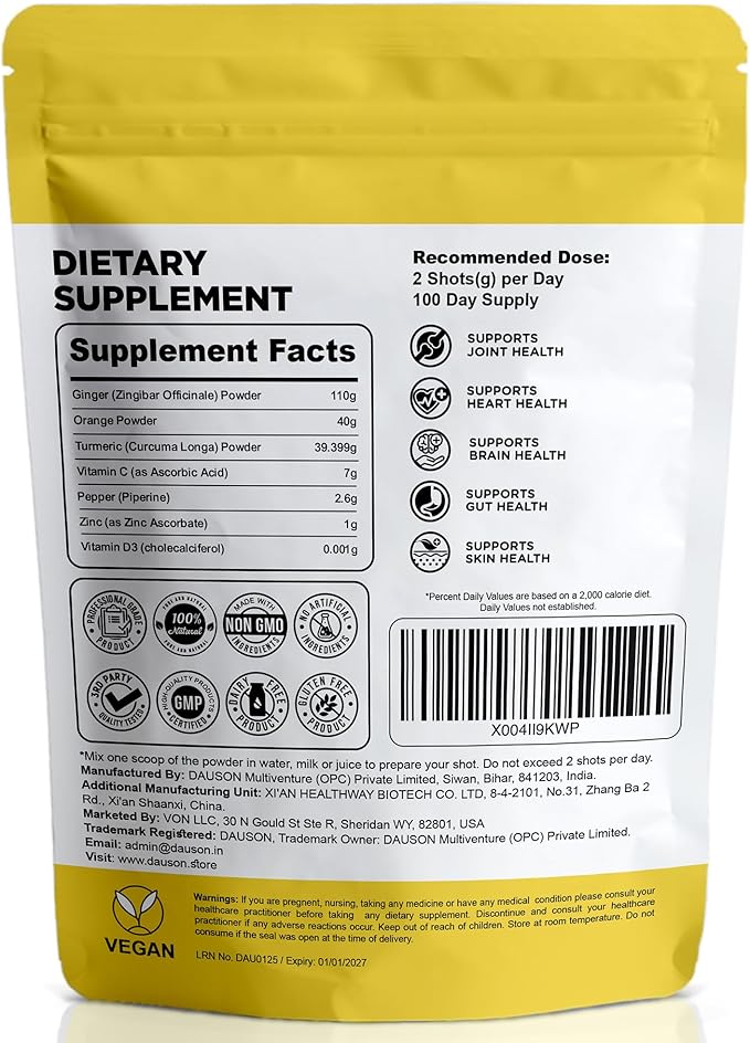 Ginger Turmeric Supplements with Piperine, Orange, Vitamin C, Vitamin D3 & Zinc | Ginger Turmeric Shots for Joint, Heart, Brain, Gut & Skin Health | 200 Servings | Ayurvedic | Powder