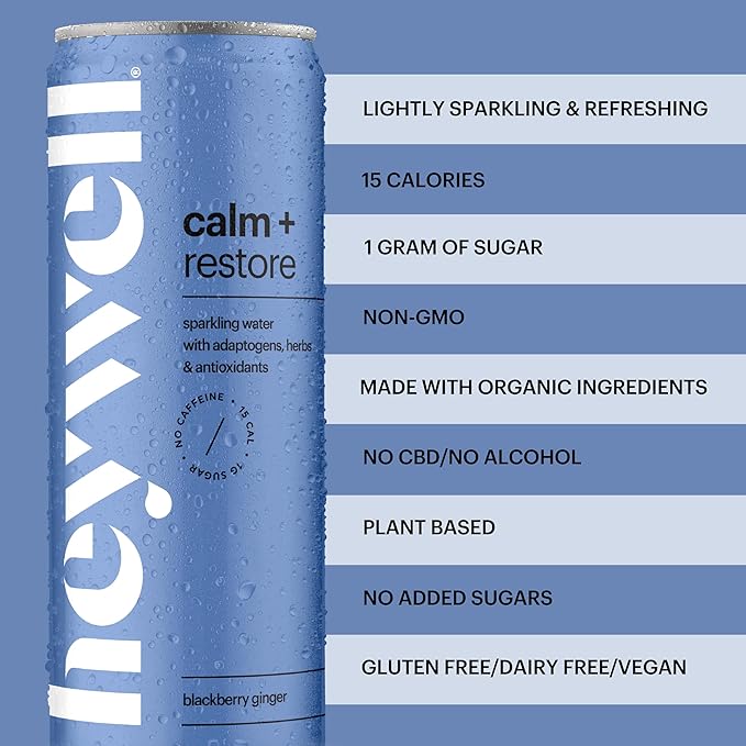 Heywell Sparkling Adaptogenic Water Calm and Restore, Blackberry Ginger Flavor 12 Fluid Ounce (Pack of 12) - Non Caffeinated, Organic, Non GMO, Vegan, Gluten Free, Dairy Free