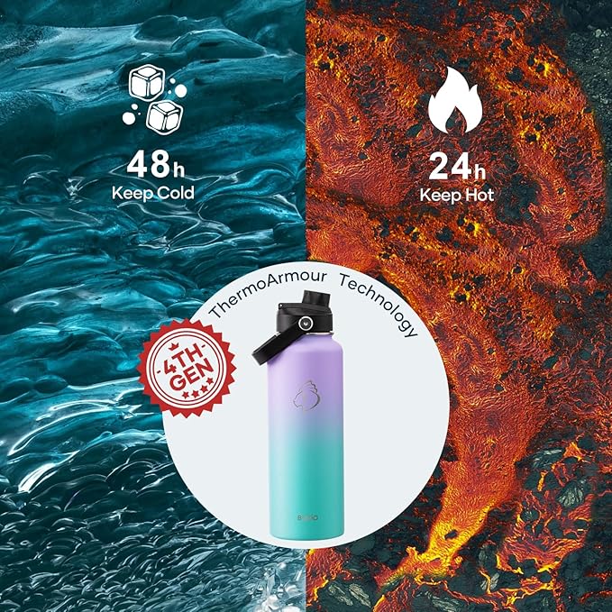 BUZIO 40oz Insulated Water Bottle, Stainless Steel Double Wall Water Flask (Cold for 48 Hrs) Leak Proof Sports Bottles Jug with Straw Lid Flex Cap Metal Canteen for Gym Travel Camping,Purple Green