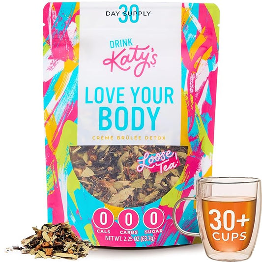 Katy’s Love Your Body Detox Tea | Green Tea, Ginger & Cinnamon | Lightly Caffeinated Herbal Wellness Blend | Crème Brûlée Flavor | Smooth & Comforting | 30+ Cups | Woman-Owned | 2.25oz Pouch
