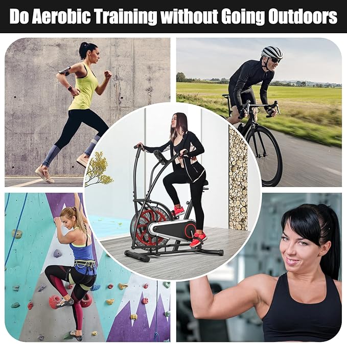 Goplus Air Bike, Fan Exercise Bike with Unlimited Resistance, Clear LCD Display, Tablet Holder, Adjustable Seat and Built-in Wheels, Fan Cycling Bike for Home Cardio Training