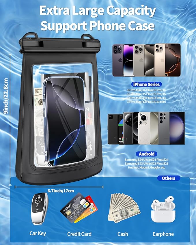 Large Waterproof Phone Pouch - [Oversized] [Floating] Water Proof Pouch for iPhone Galaxy Google and More, IPX8 Waterproof Dry Bag for Beach Vacation Belongings Clear Black