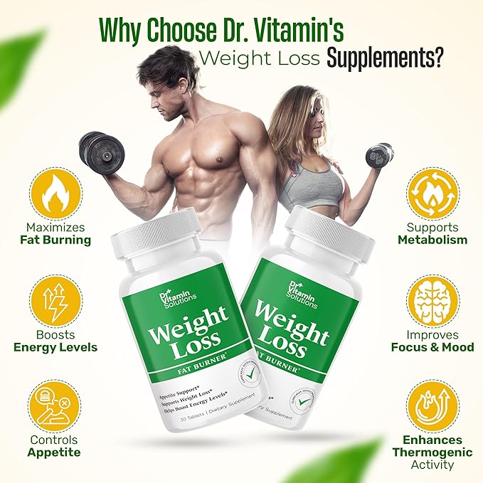 DR VITAMIN SOLUTIONS Weight Loss Supplements for Women & Men - Includes Green Tea Extract, Chromium, Vitamin B6 - Energy Booster, Belly Fat Burner & Appetite Suppressant Diet Pills - 30 Tablets