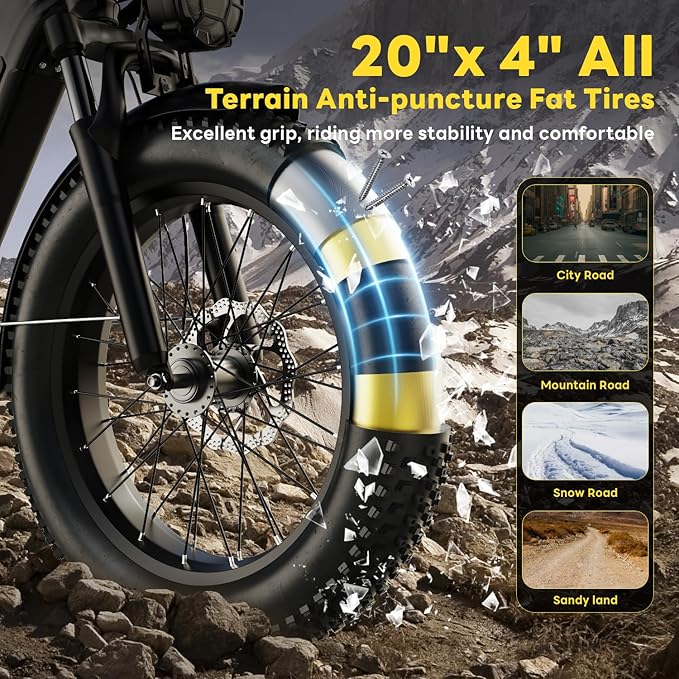 Electric Bike for Adults 1400W Peak, 48V 20AH(960WH) Removable Battery, 20"x4" Fat Tire Full Suspension 80 Miles Range Step-Thru 30+MPH Hunting Ebike, 7-Speed Dual Brakes Electric Bicycle