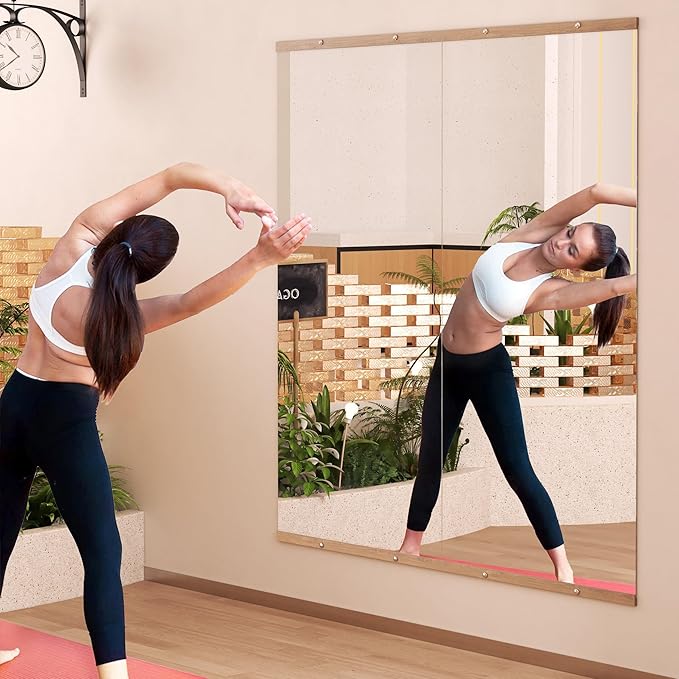 Hasipu 3Pcs 55''x20'' Home Gym Mirror Large Full Length Wall Mounted Full Body Mirror for Yoga Dance Fitness Exercise Studio Bedroom Garage, Frameless Tempered Glass Workout Mirrors Walnut Rectangular