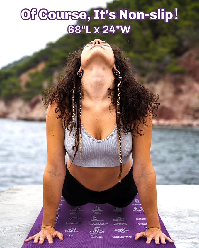 Instructional Travel Yoga Mat with 75 Poses & Exercises - Non-slip Exercise Mat for Home Workout, Includes Carrying Bag - Perfect for Beginners, 68"x24"x0.25"